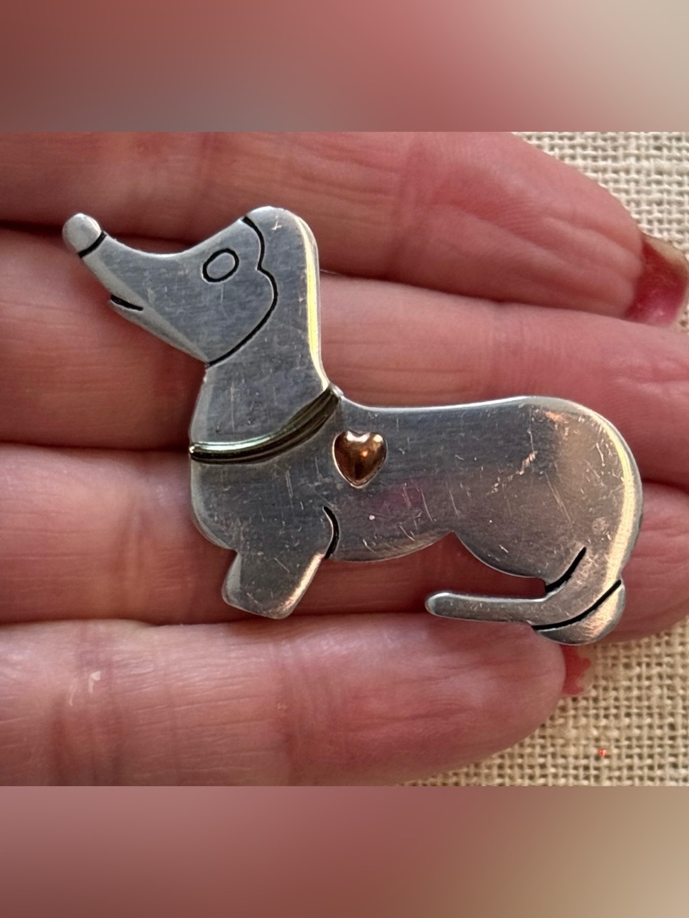 Vintage Silver Tone Dachshund Dog Brooch Pin with Heart Accent